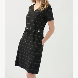Joseph Ribkoff Women's Size 8 Black/Vanilla Stripe V Neck Tie Waist Midi Dress